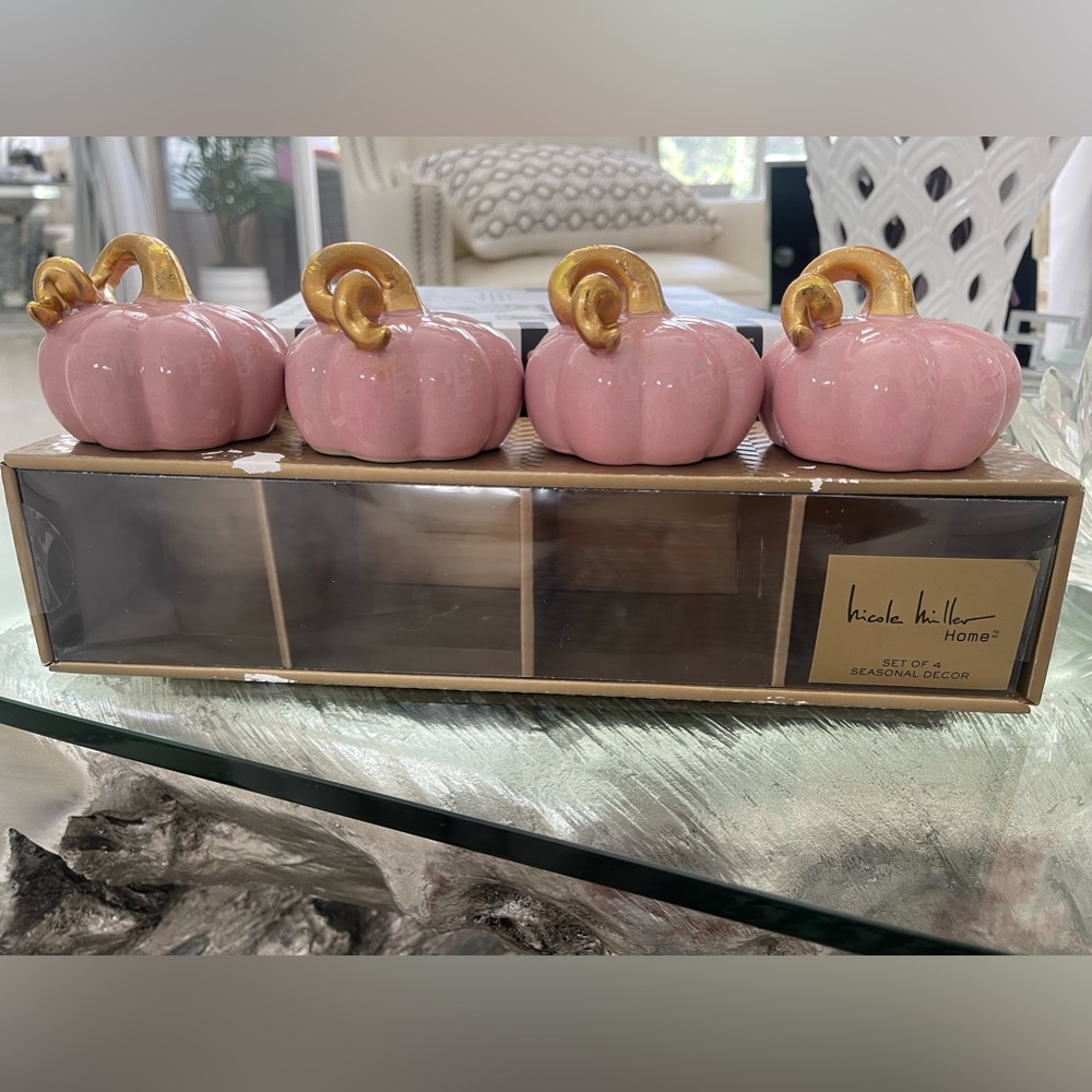 Nicole Miller Blush Pink Glazed Ceramic Pumpkins with Gold Stalks Set of 4 - Picture 5 of 14